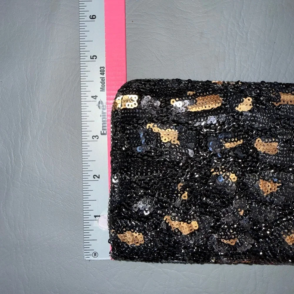 Brentano Leopard Sequin Zip Around Wristlet Wallet Black Gold NEW